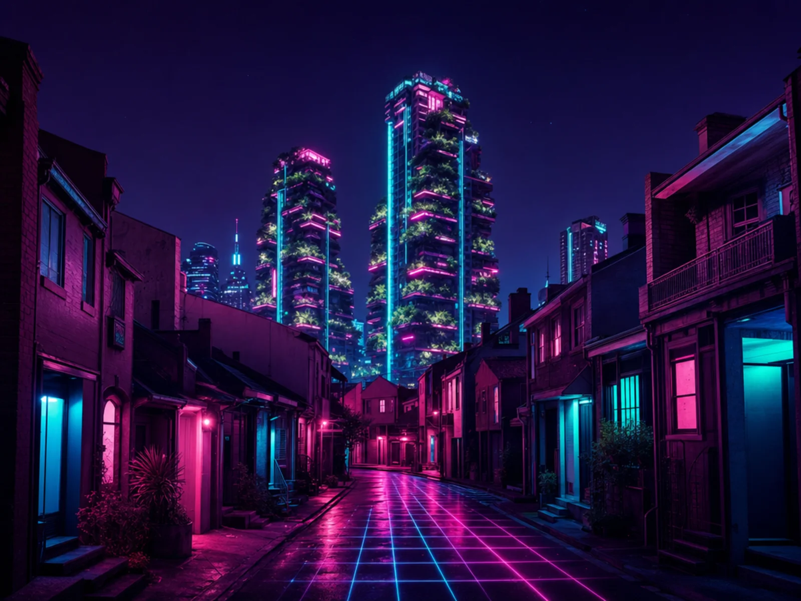 A Chippendale street at night in the Surry Hills Removals neon style