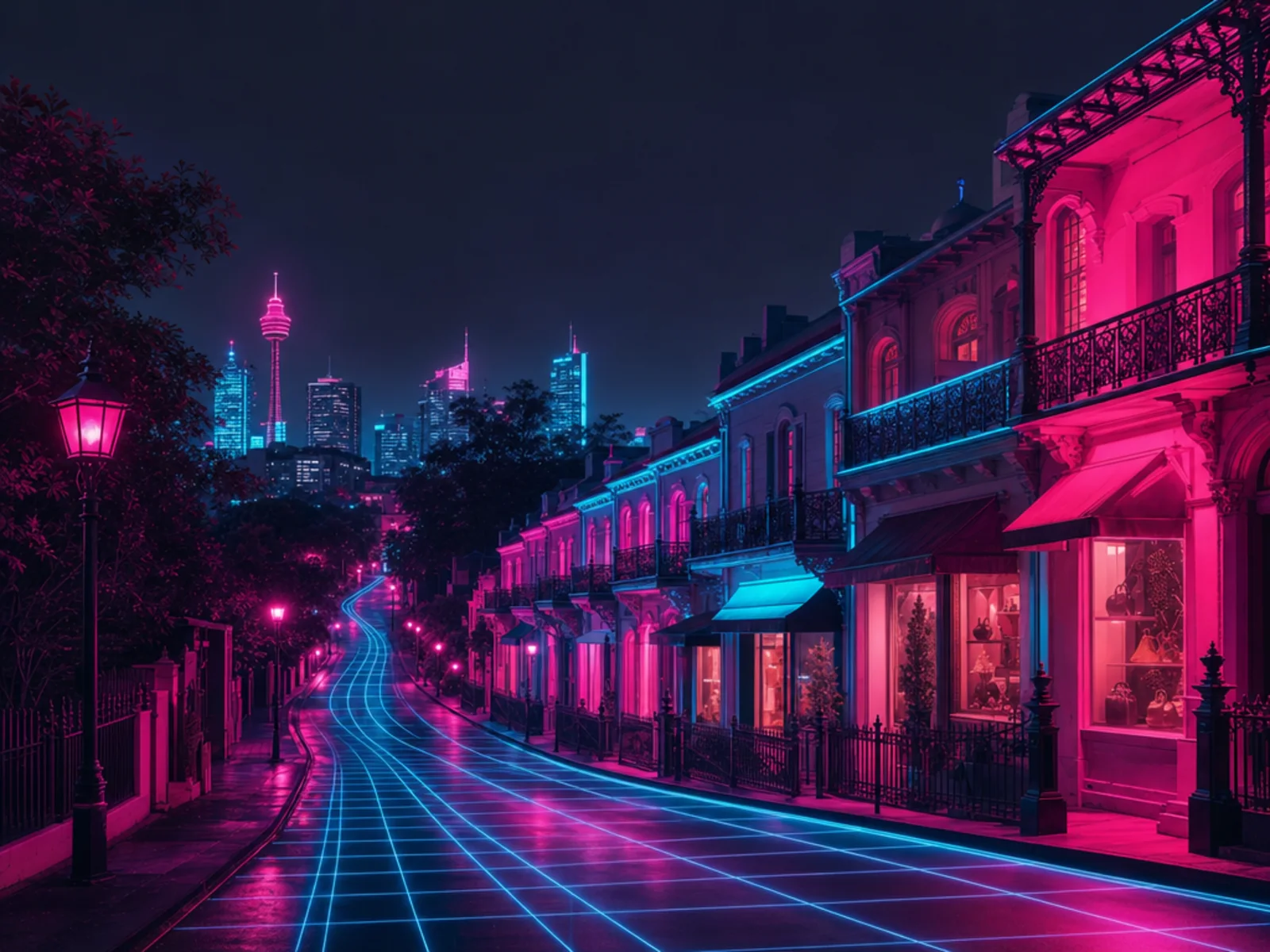 A Paddington street at night in the Surry Hills Removals neon style