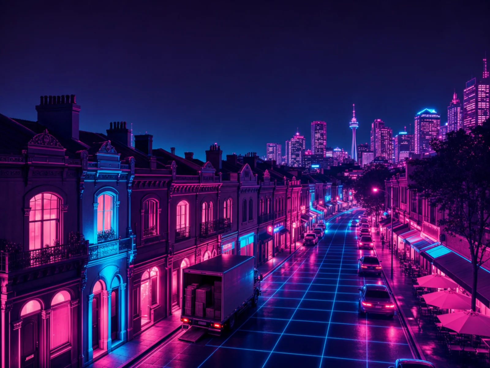A Surry Hills street at night in the Surry Hills Removals neon style