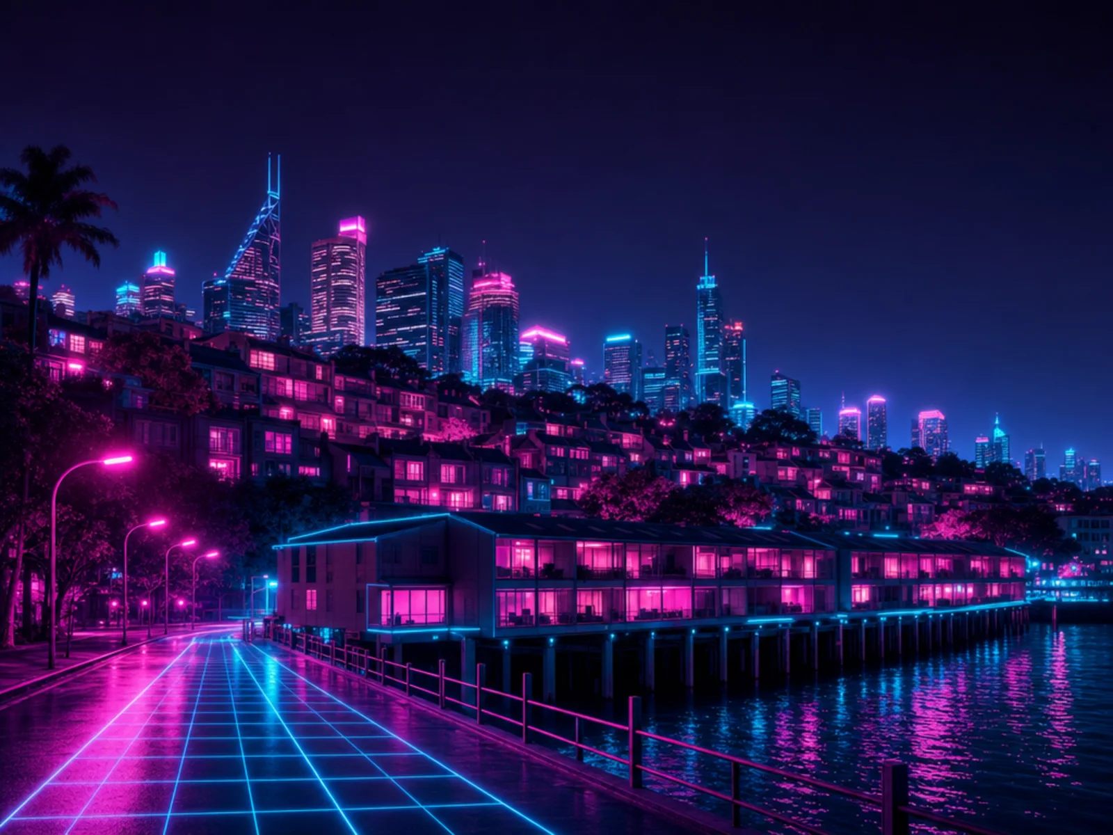 A Woolloomooloo street at night in the Surry Hills Removals neon style