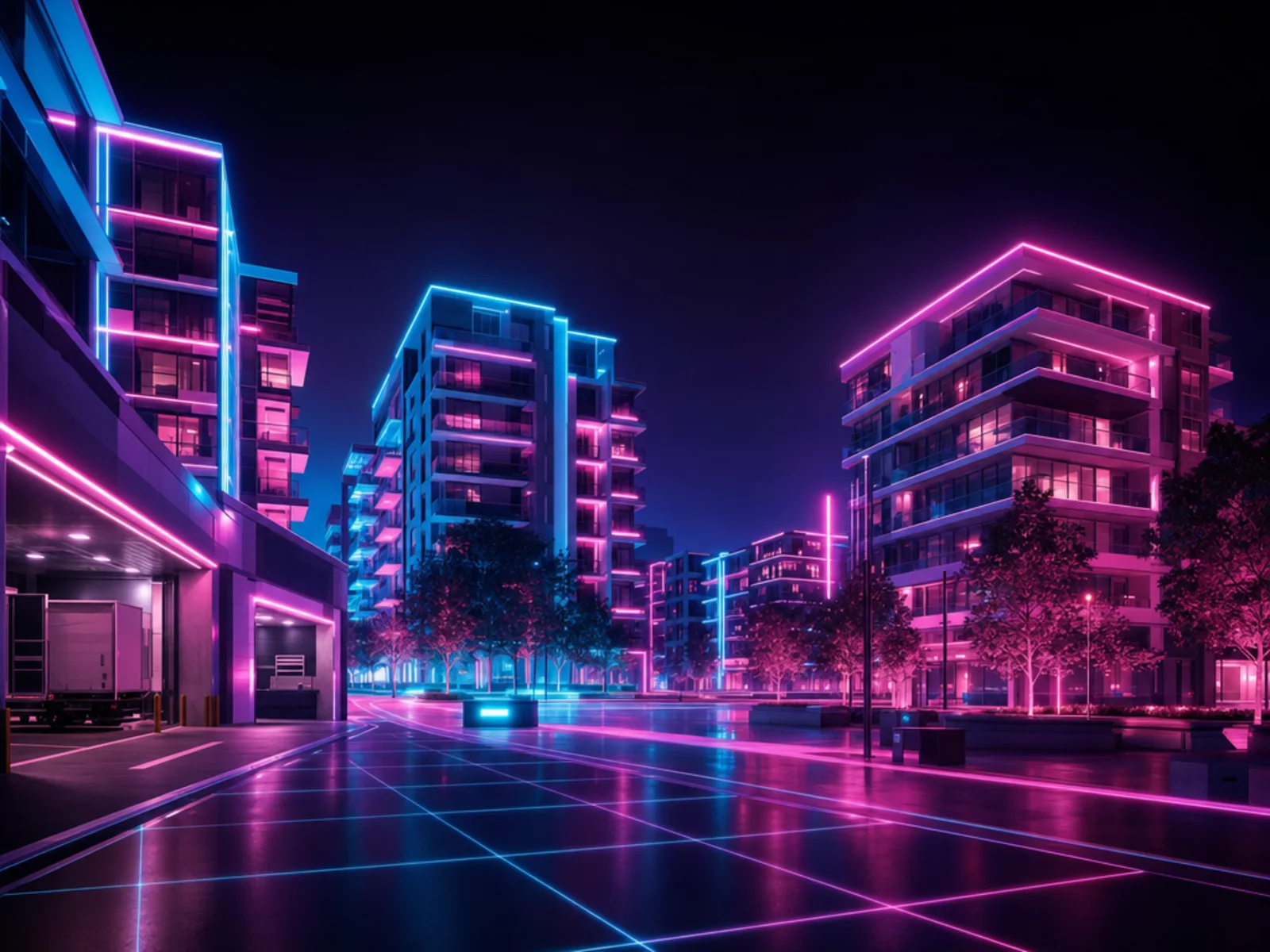 A Zetland street at night in the Surry Hills Removals neon style